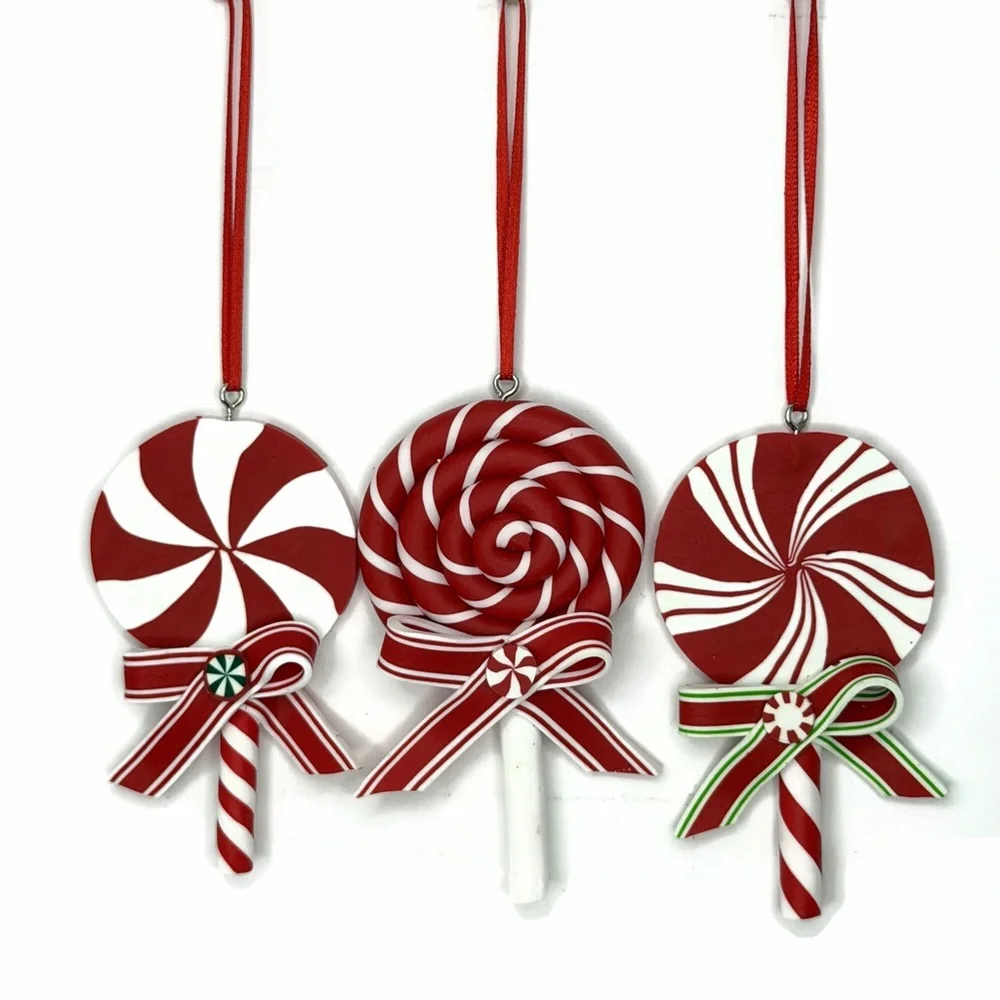 Red White Lollipop Swirl Ornaments Set of 3